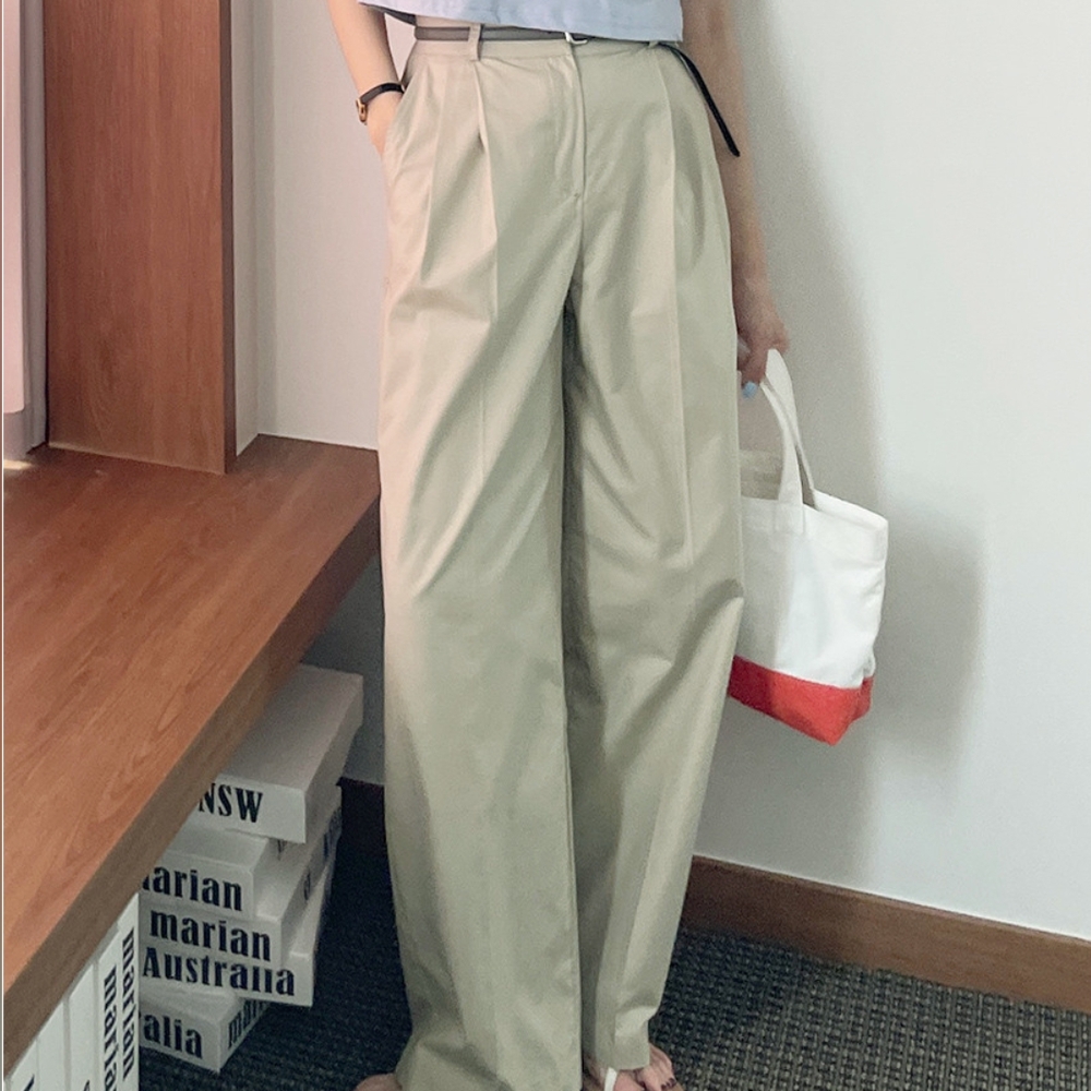 Beige Pleated Wide Leg Trousers